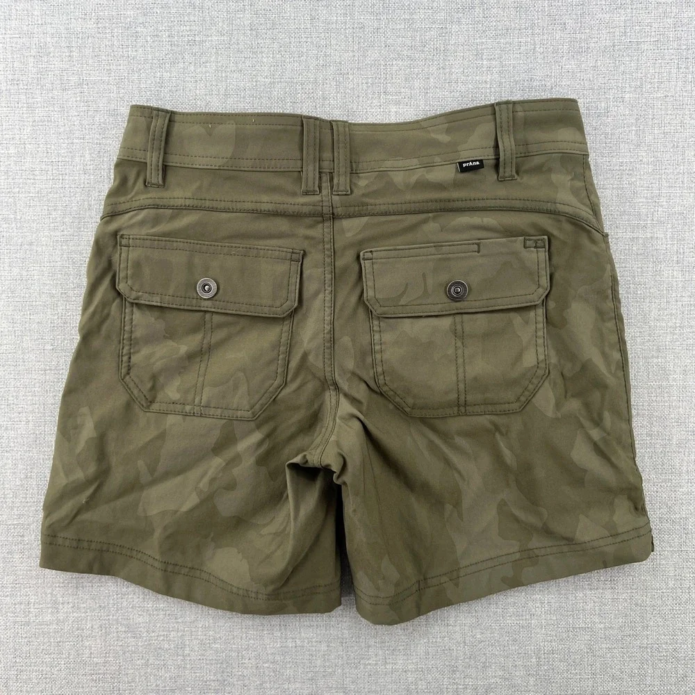 prAna Halle Shorts II Women 2 Sage Green Camo Hiking Outdoor Stretch Gorpcore